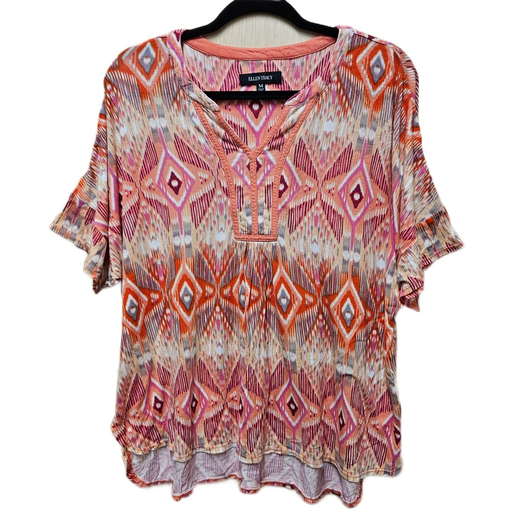 Ellen Tracy Orange Ikat Diamond Print V-Neck High-Low Dolman Sleeve Top Size M‎